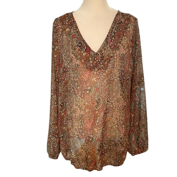 Liz Claiborne Women Sheet Paisley Print Blouse Size 1X Metallic Thread Career - Picture 2 of 8